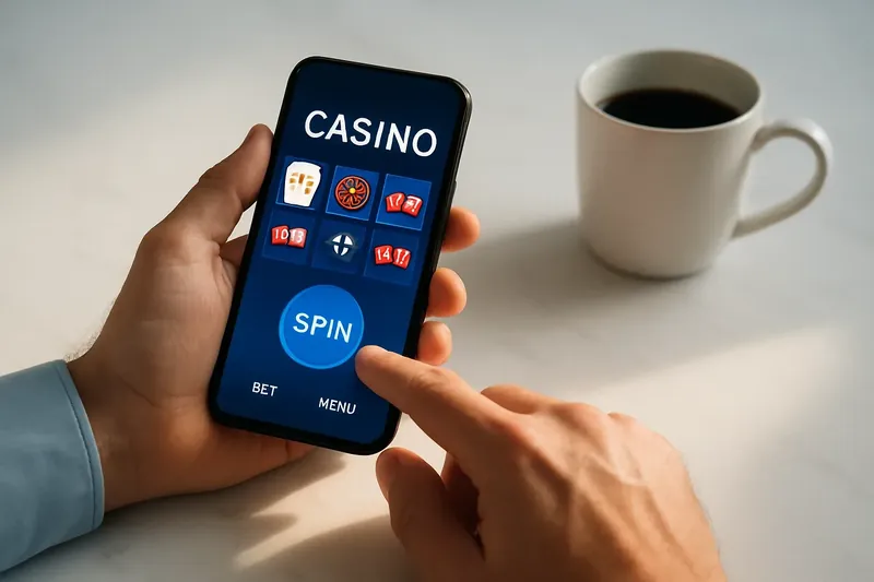 Man's hands tapping a mobile casino interface on smartphone