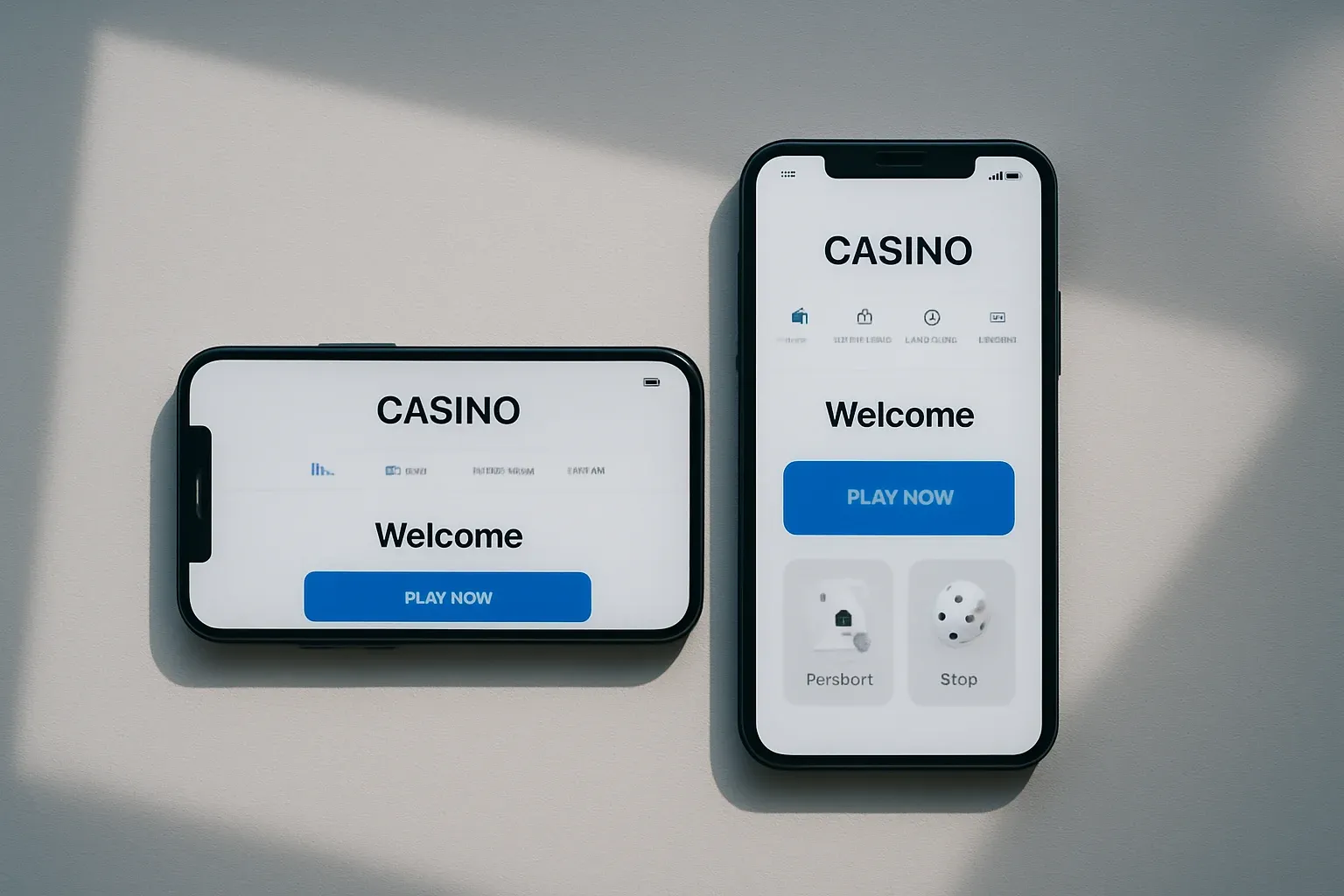 Two smartphones displaying a clean casino app on white surface