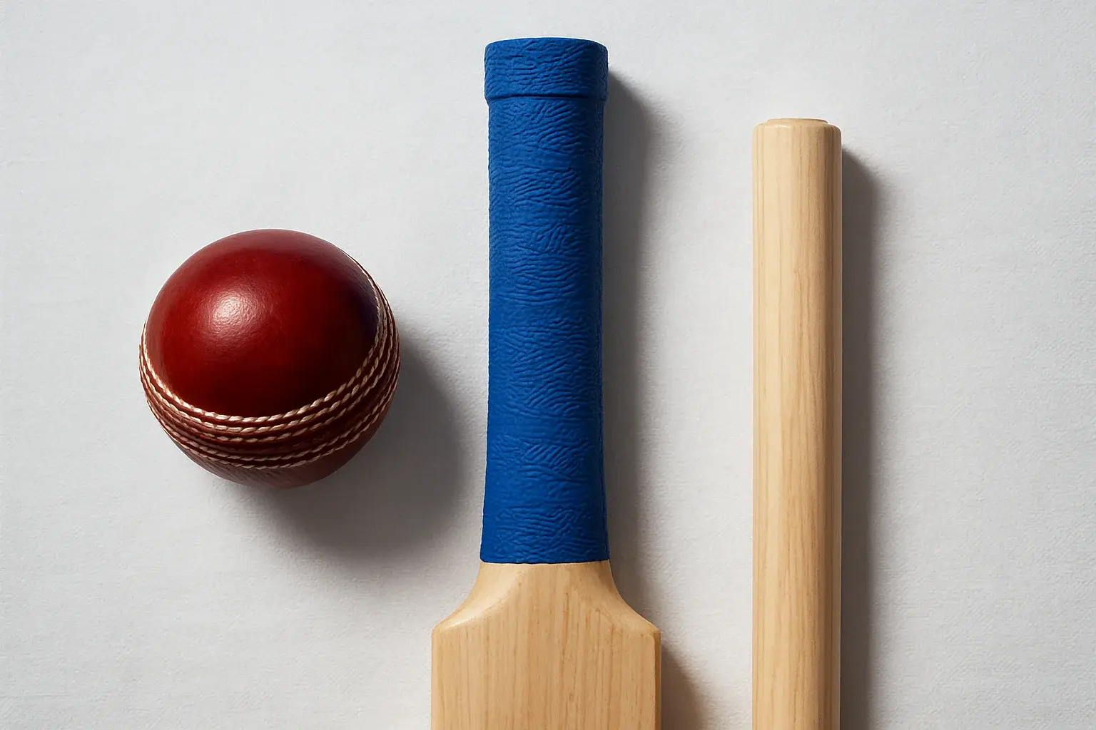 Cricket Gear Flat Lay Overhead flat lay of cricket ball, bat handle, and stump