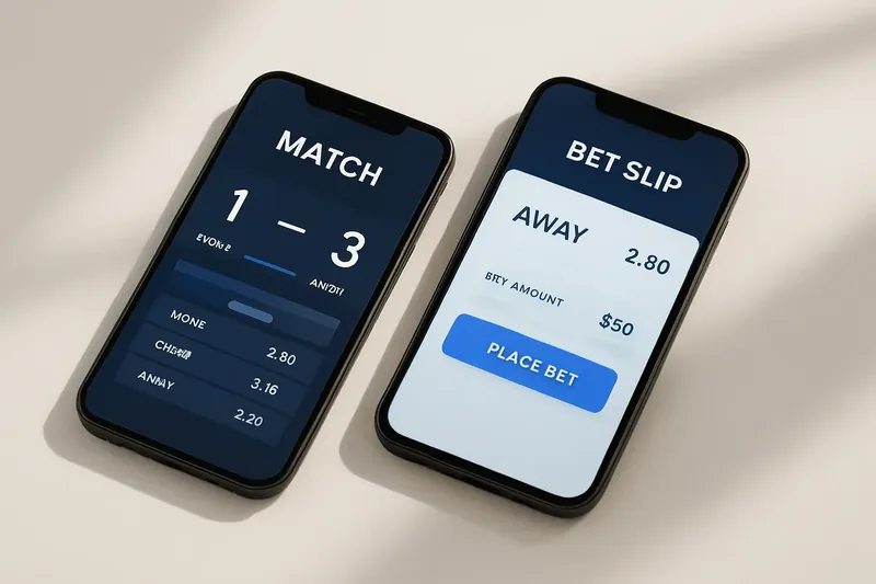 Two smartphones showing match dashboard and bet slip on cream surface