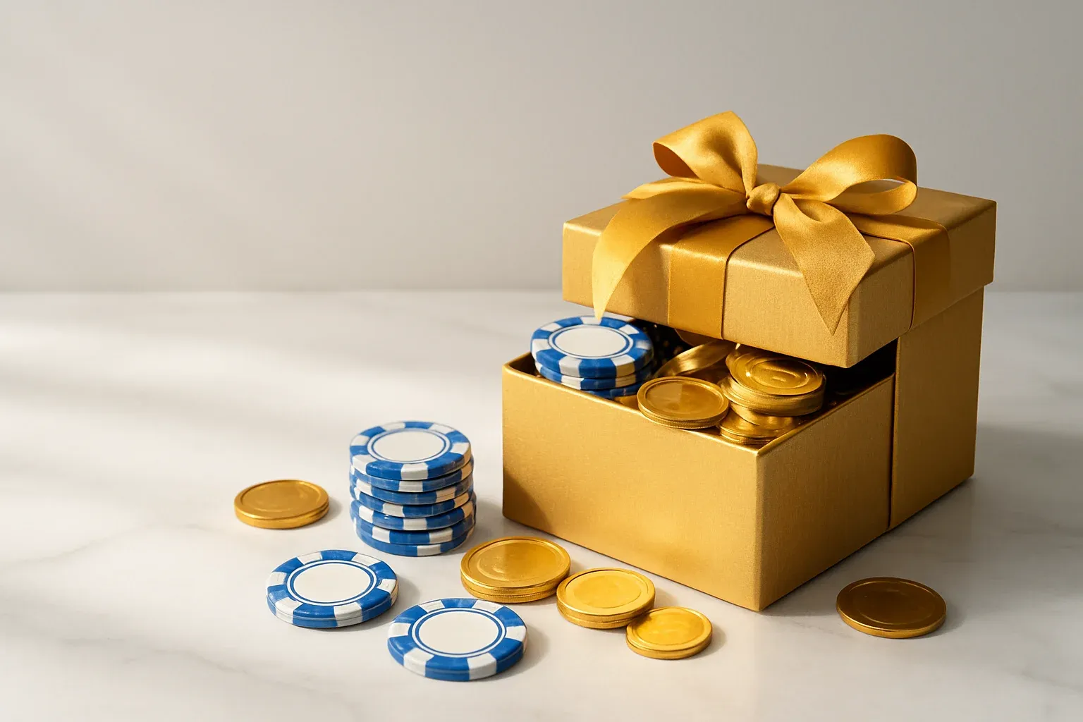 Golden gift box overflowing with poker chips and gold coins
