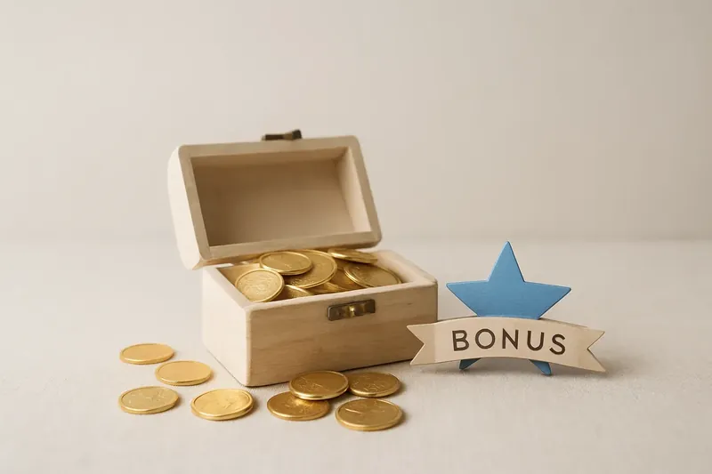 Open treasure box spilling gold coins with bonus badge and ribbon