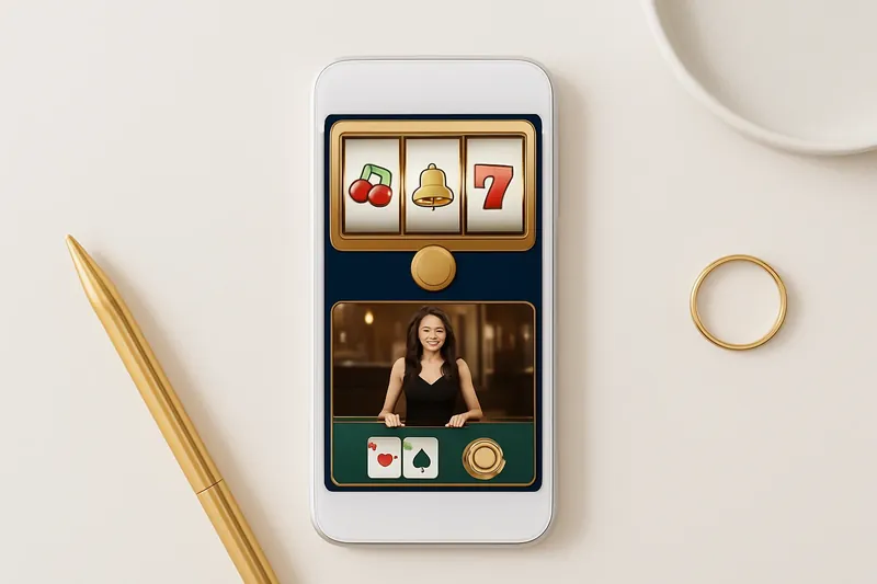 Mobile phone showing casino app with slots and live casino games