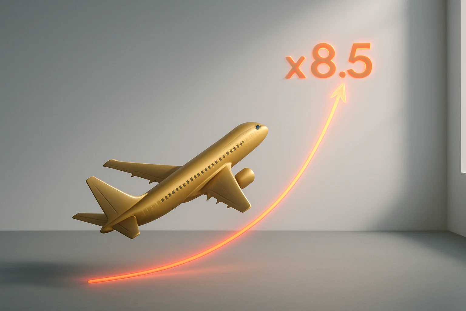 Plane ascending steeply with glowing multiplier curve on white background