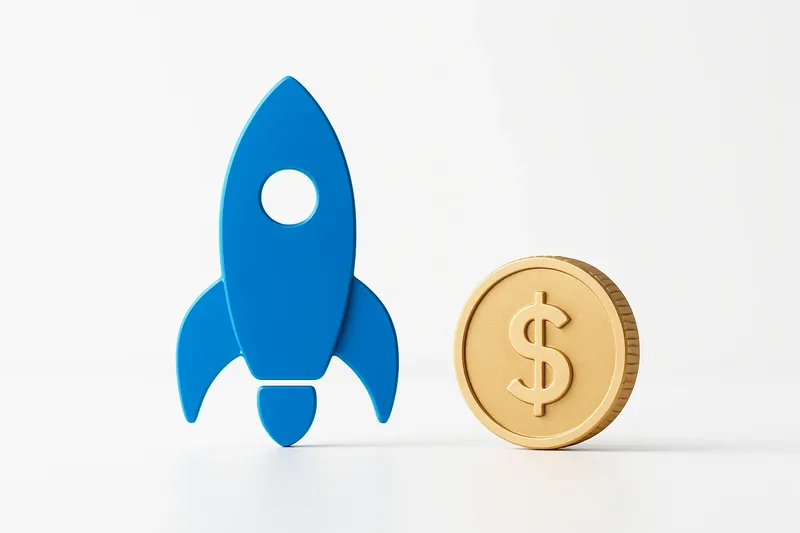 Minimalist rocket icon with gold coin on white background