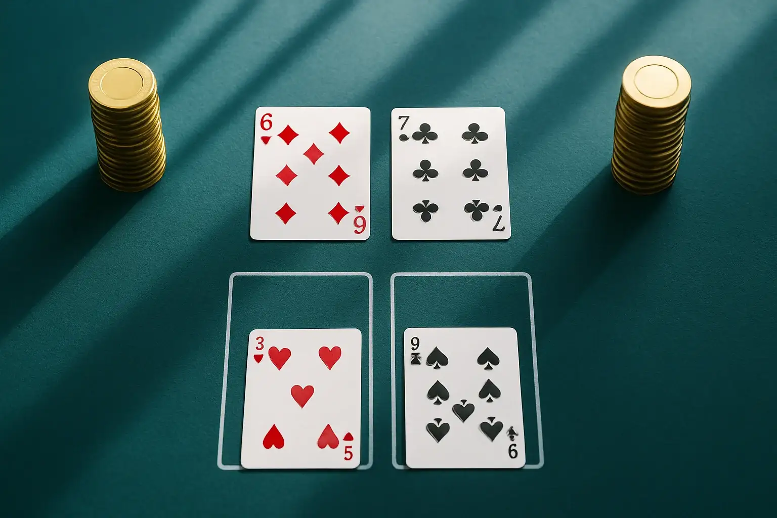 Overhead view of live baccarat table with gold chip towers