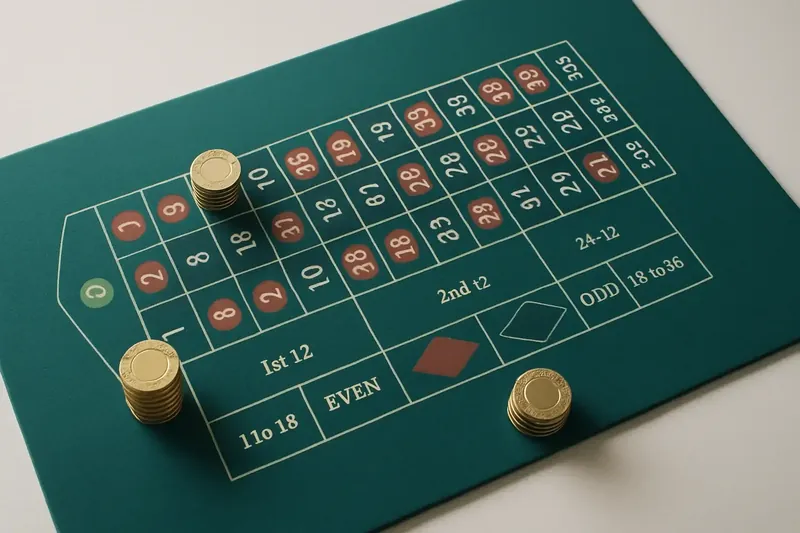 Top-down roulette table layout with gold chip stacks on green felt
