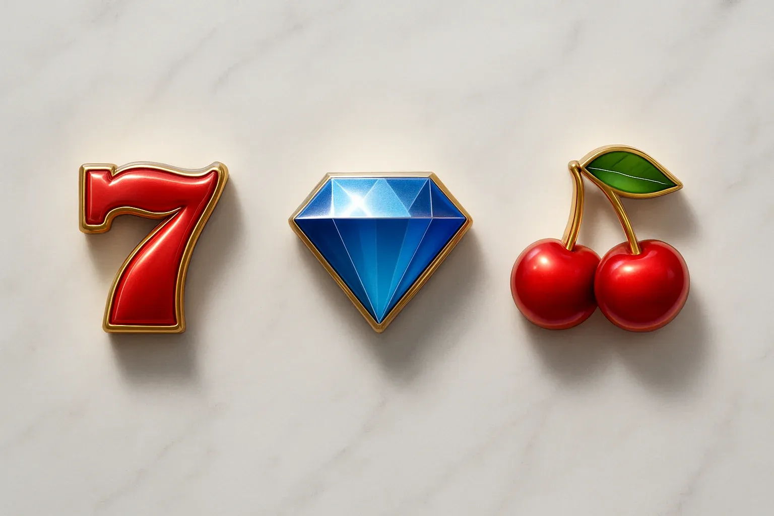 Three polished slot symbols on white marble with warm spotlights